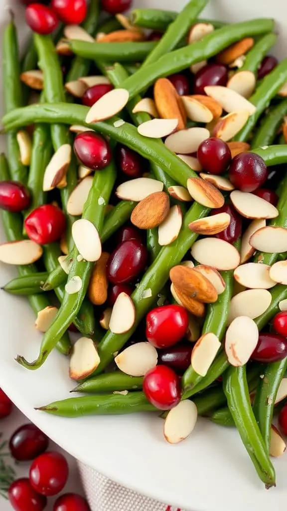 A colorful holiday green bean dish with green beans, cranberries, and almonds.