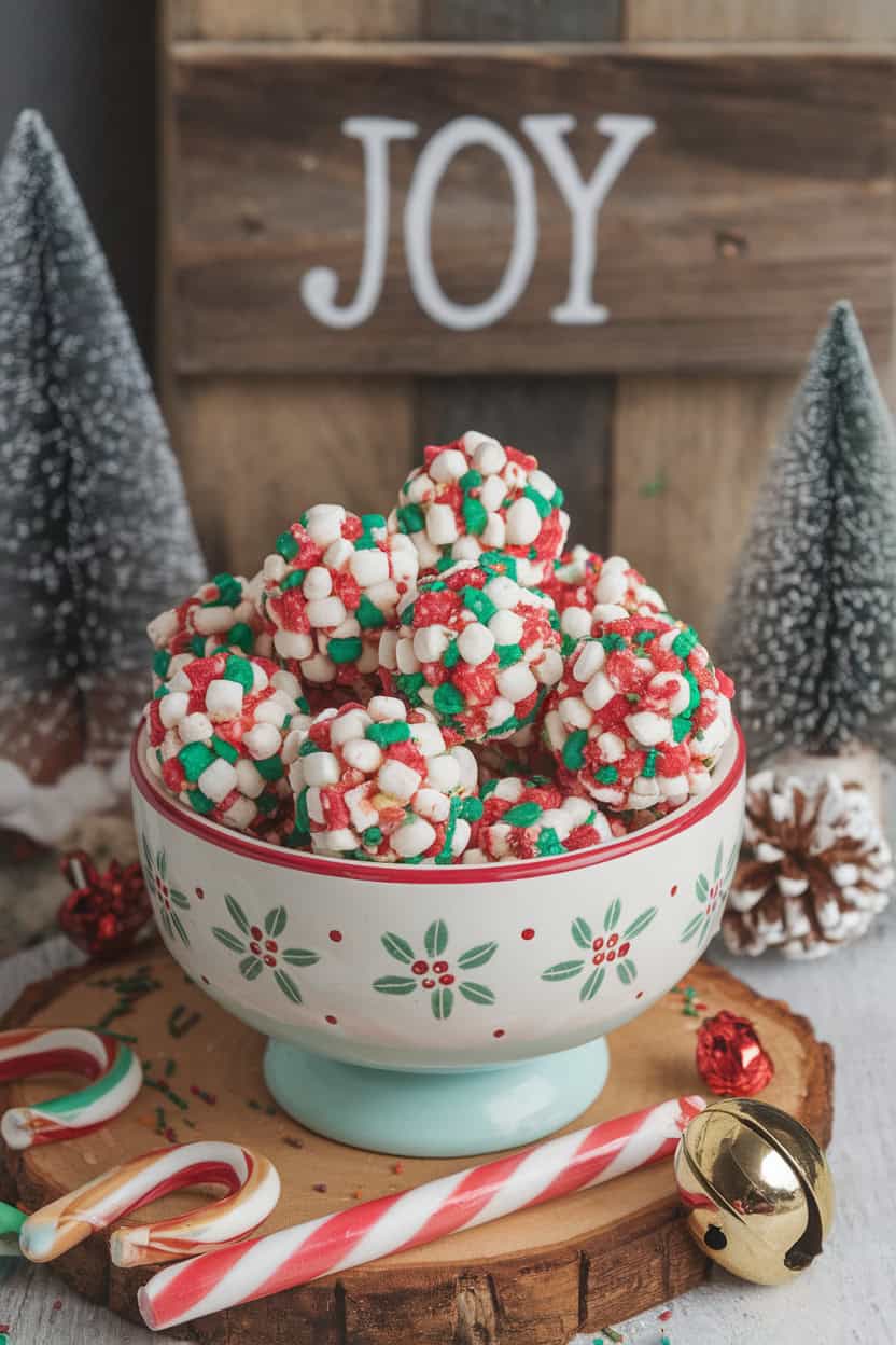 Bowl of colorful holiday marshmallow popcorn balls with candy canes and festive decorations.