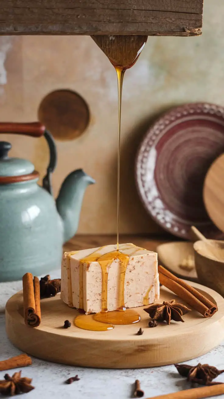 Block of honey nougat drizzled with honey, surrounded by spices and a kettle.