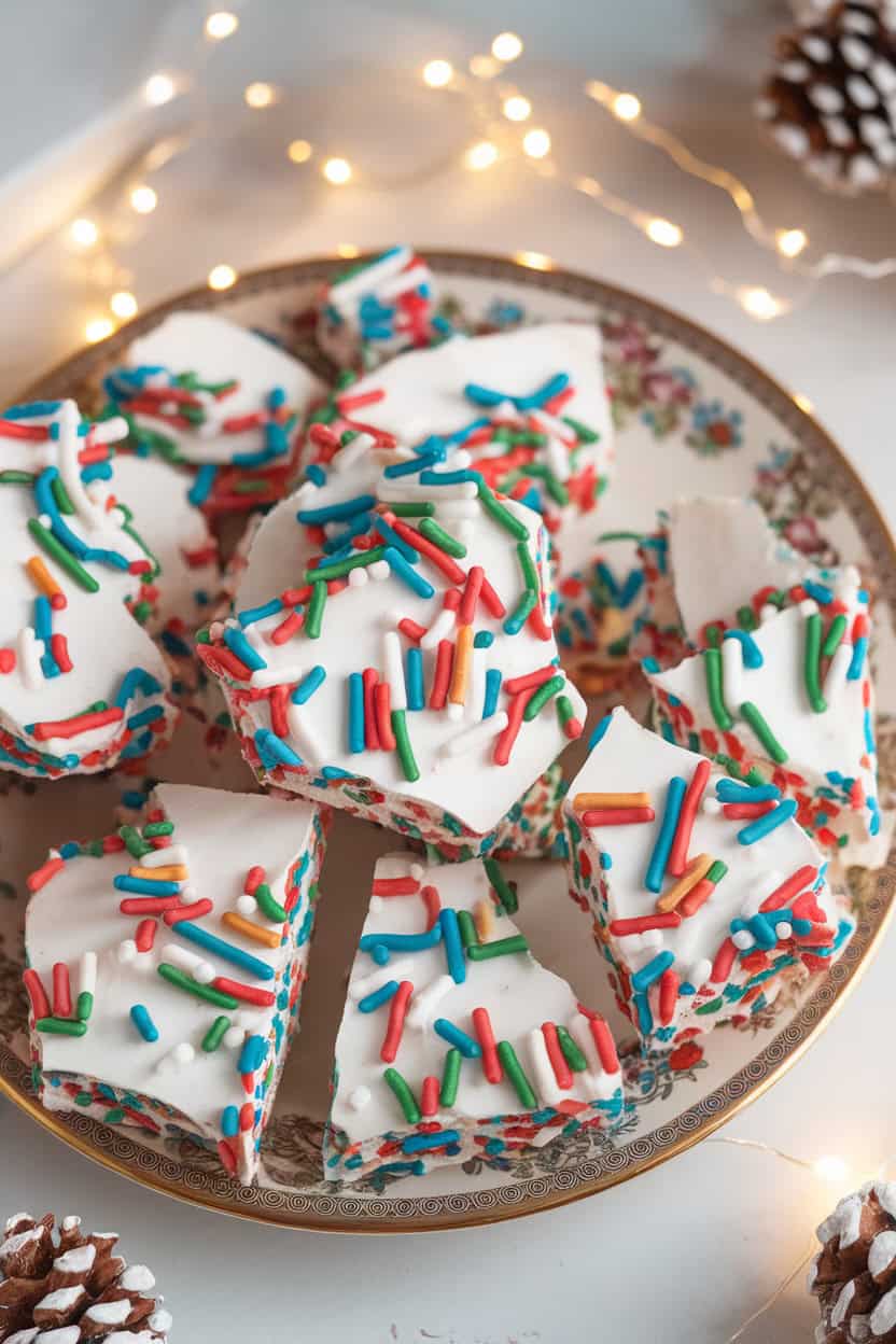 Colorful holiday sprinkle marshmallow bark arranged on a decorative plate, with fairy lights and pine cones in the background.