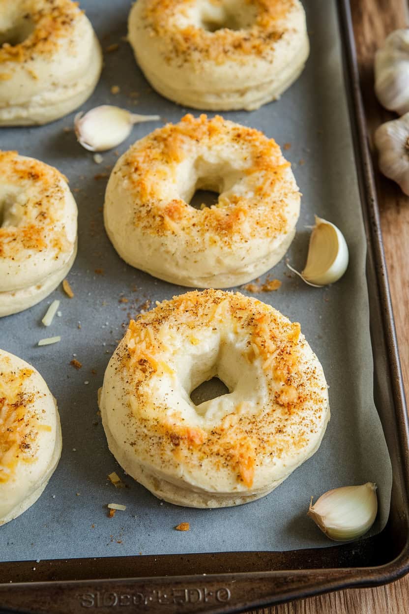 Homemade Cottage Cheese Bagels topped with garlic and Parmesan cheese, sitting on a baking tray.
