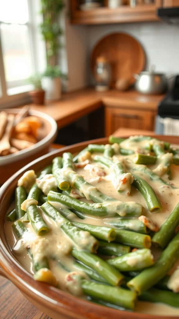 A creamy green bean casserole in a dish, ready to serve, with green beans and a creamy sauce