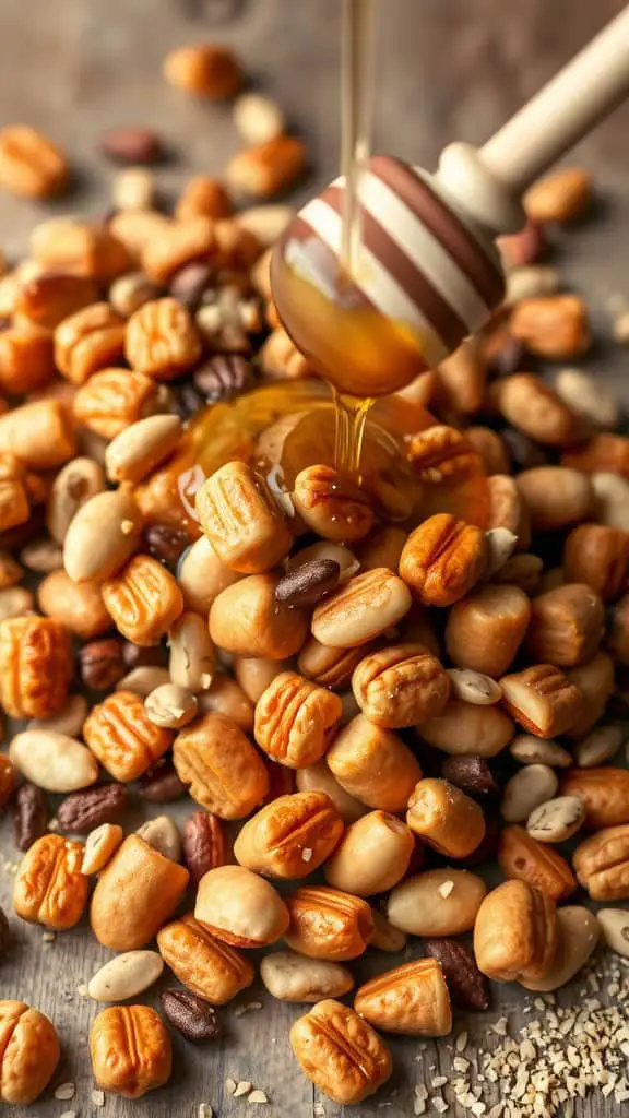 A pile of mixed nuts and seeds being drizzled with honey