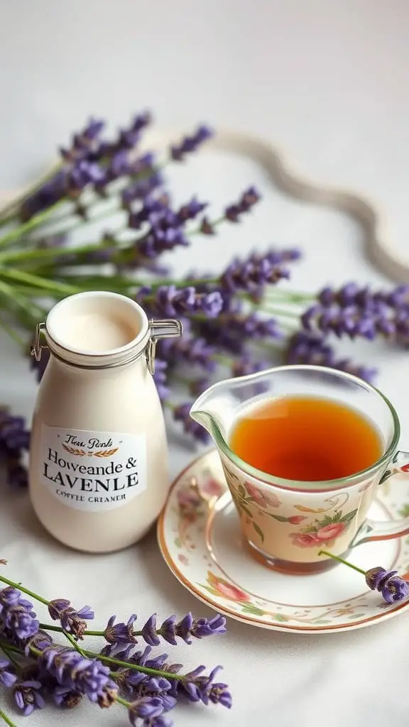 A bottle of honey and lavender oat milk coffee creamer next to a cup of coffee and lavender flowers.