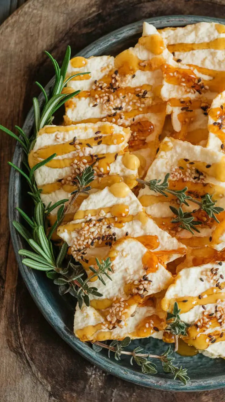 Plate of cottage cheese chips drizzled with honey and mustard, garnished with sesame seeds and fresh herbs.