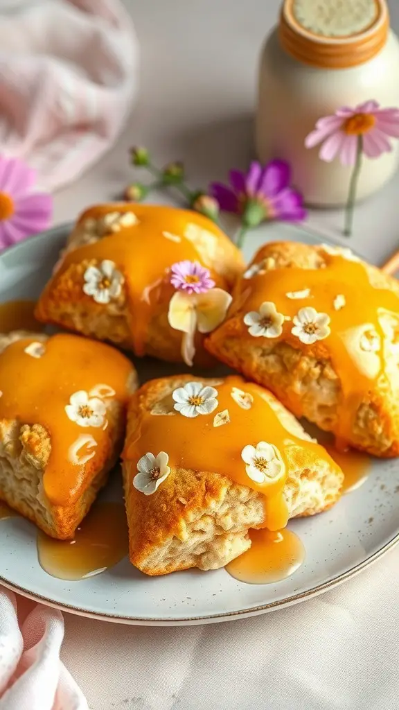 Plate of honey glazed breakfast scones decorated with flowers