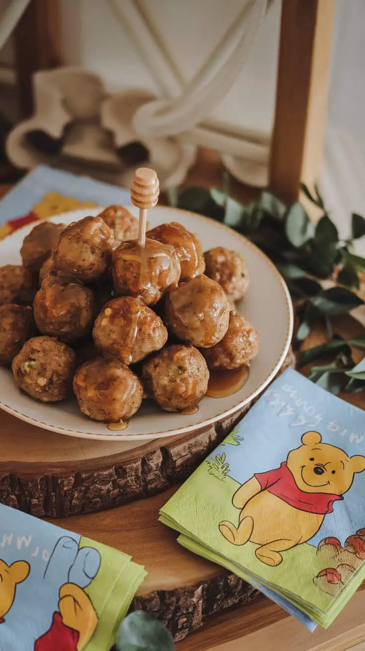 A plate of honey glazed mini meatballs with Winnie The Pooh themed napkins