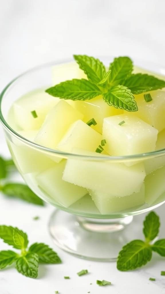 A bowl of honeydew cucumber jello salad, featuring green cubes of jello and fresh mint leaves