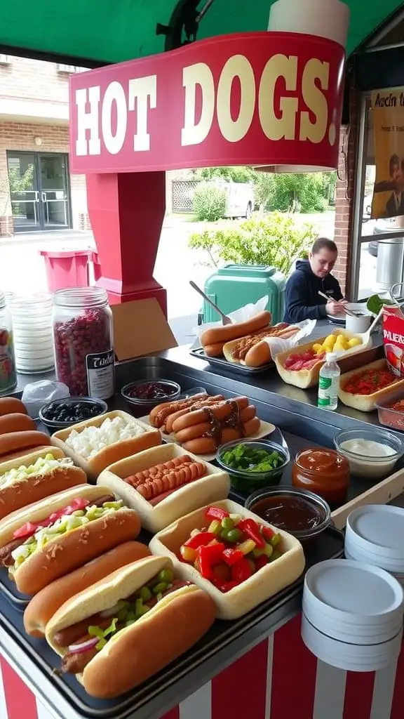 A colorful hot dog bar featuring various toppings and condiments.