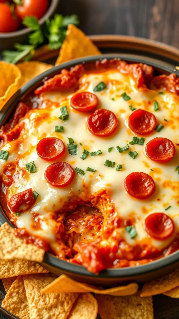 A bubbling hot pepperoni pizza dip topped with cheese and served with tortilla chips.