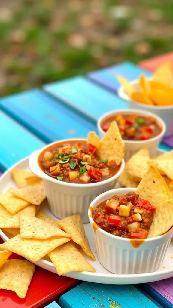 Bowls of Hot Sloppy Joe Dip with tortilla chips on a colorful table.