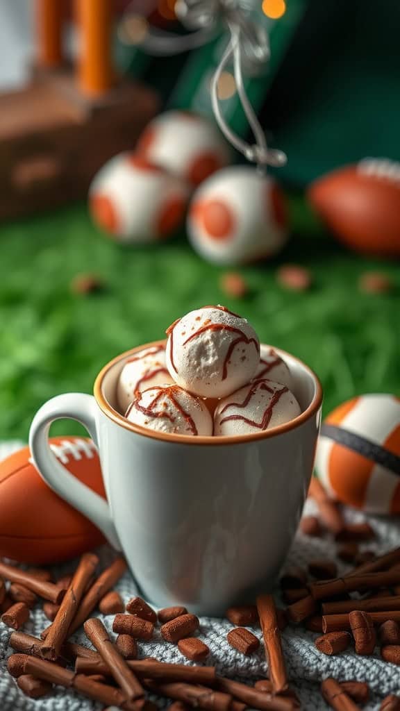 A mug filled with hot cocoa bombs surrounded by football-themed decorations and ingredients.