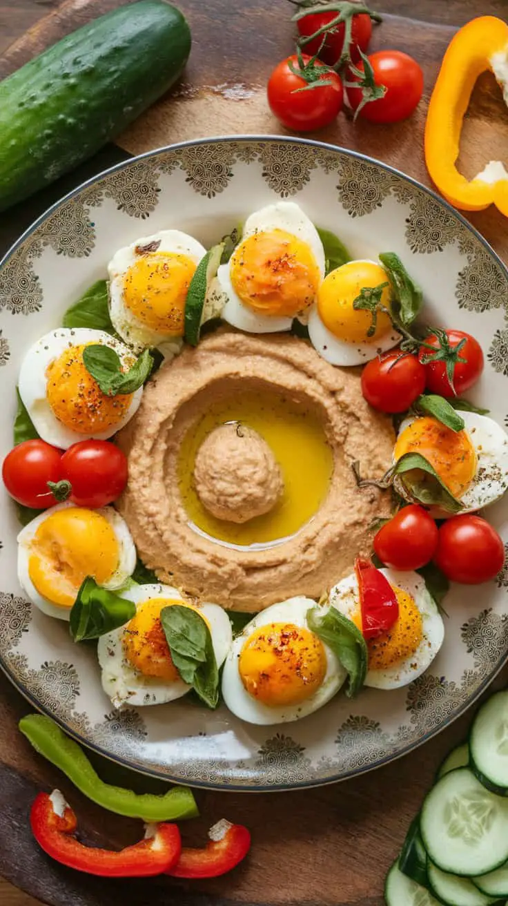 A plate of hummus surrounded by egg bites topped with herbs and tomatoes, alongside fresh vegetables.