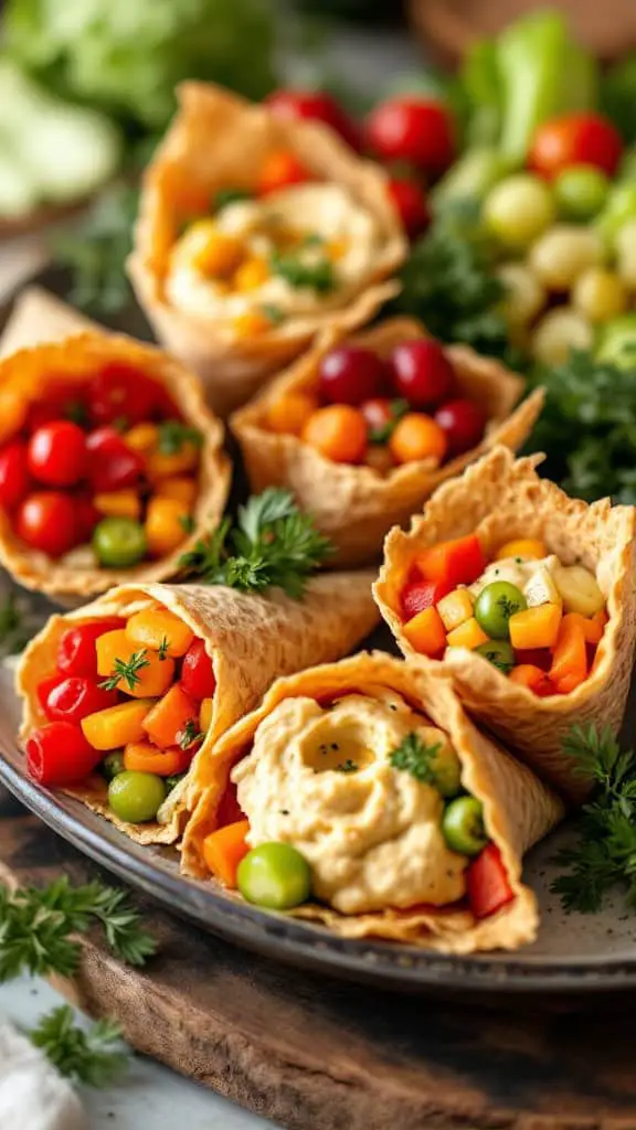 Hummus and veggie filled cones arranged on a platter with a colorful assortment of vegetables.