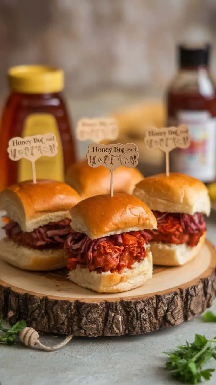 Honey BBQ Sliders on a wooden platter with honey jar in the background