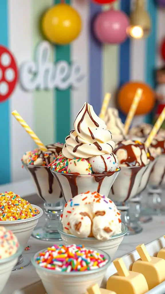 Colorful ice cream sundae bar with various toppings and ice cream.