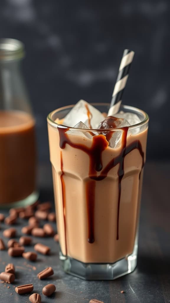 A glass of iced coffee chocolate mousse with chocolate drizzle and ice cubes, surrounded by coffee beans.