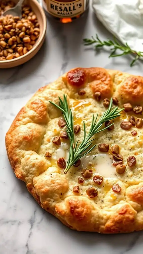 This garlic and rosemary lentil flatbread looks absolutely mouthwatering! The golden-brown crust is perfectly baked, and you can see the delicious lentil toppings scattered across the surface.