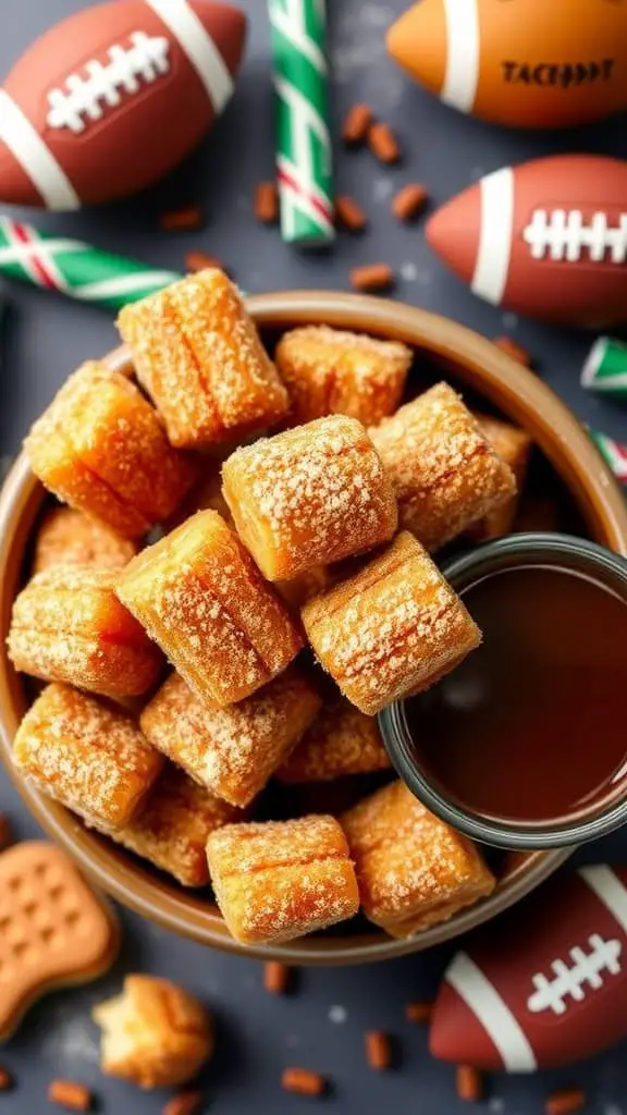 Churro bites are the perfect treat to serve at your Super Bowl gathering. These golden, crispy delights are dusted with sugar and served with a rich dipping sauce that takes them to another level.