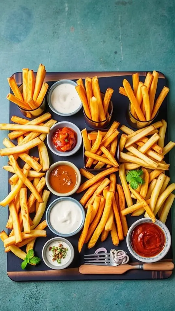 The Crispy Fry Favorites Board is a delightful celebration of all things crispy and potato-based. Picture a beautifully arranged platter featuring a variety of fries, from classic golden sticks to thicker cut sweet potato fries