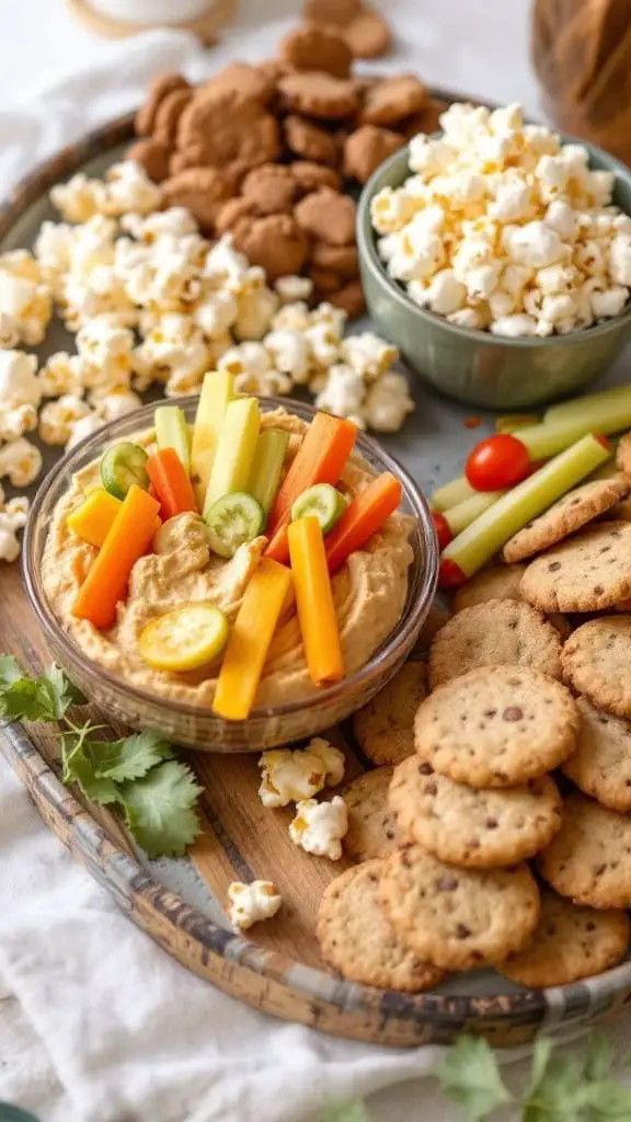 The image showcases a delightful assortment of gluten-free snacks that cater to various tastes. You’ll find vibrant veggies like carrots and celery, perfect for dipping.