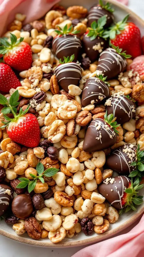 In the image, you can see a delightful spread of gluten-free treats. The mix of crunchy nuts and sweet chocolate-covered strawberries presents a beautiful contrast. This combination not only satisfies cravings but also adds a decorative touch to your snack table.