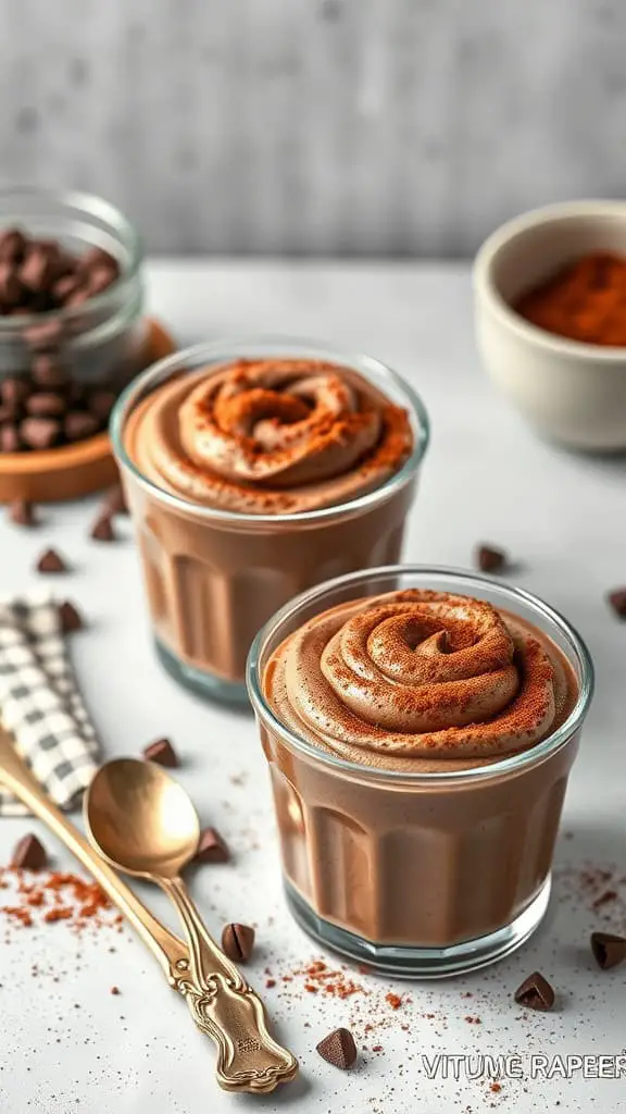 Delicious Instant Coffee Chocolate Mousse served in glass cups, garnished with cocoa powder and surrounded by coffee beans