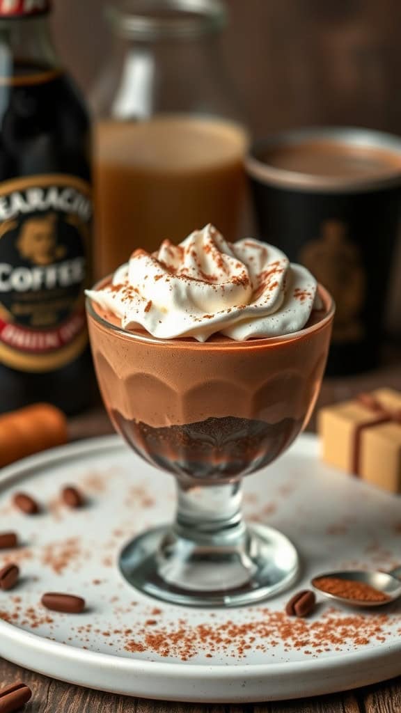 A glass of Irish coffee chocolate mousse topped with whipped cream and cocoa powder, surrounded by coffee beans and a bottle of coffee.