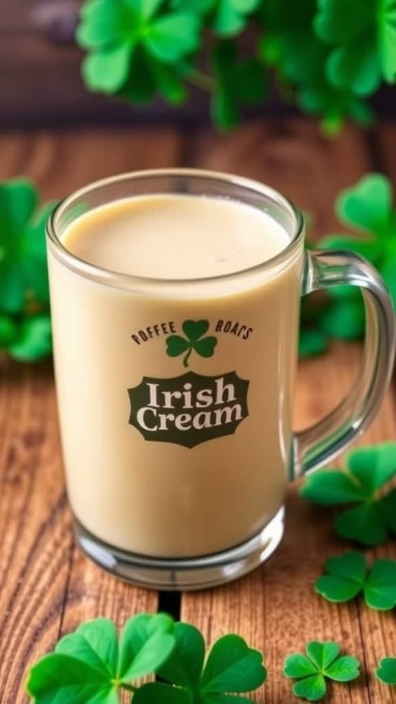 A mug of Irish cream coffee creamer surrounded by green clovers on a wooden table.