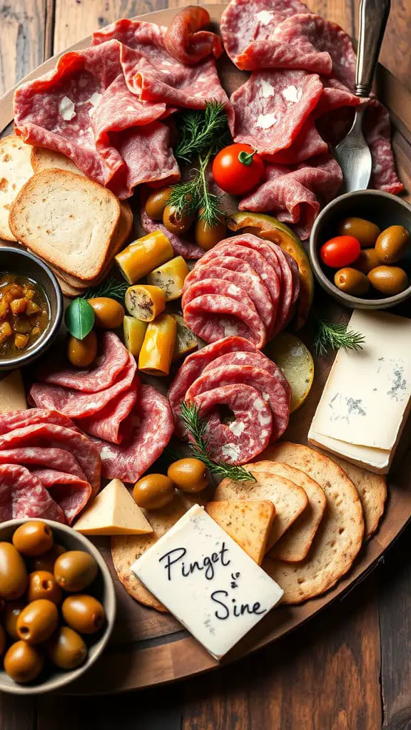 A beautifully arranged Italian antipasto platter featuring assorted cured meats, olives, bread, and cheese.