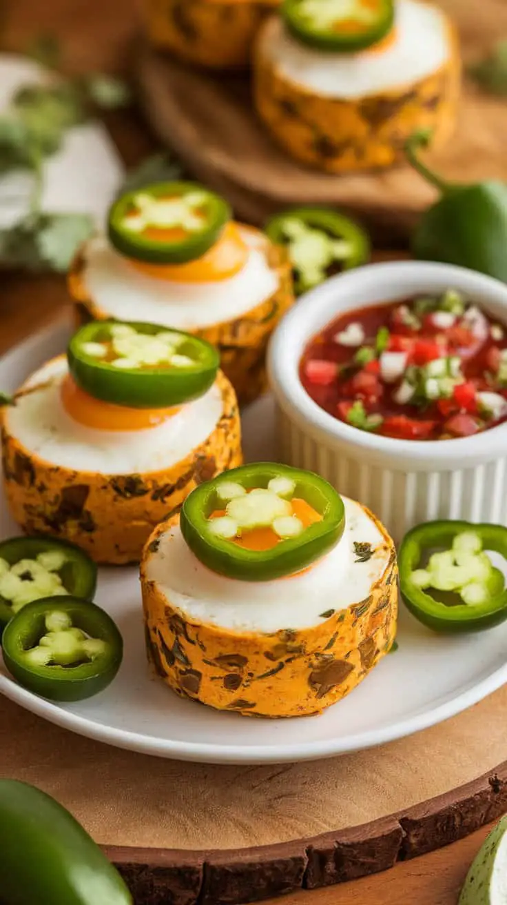 A plate of jalapeño and pepper jack high-protein egg bites served with salsa.