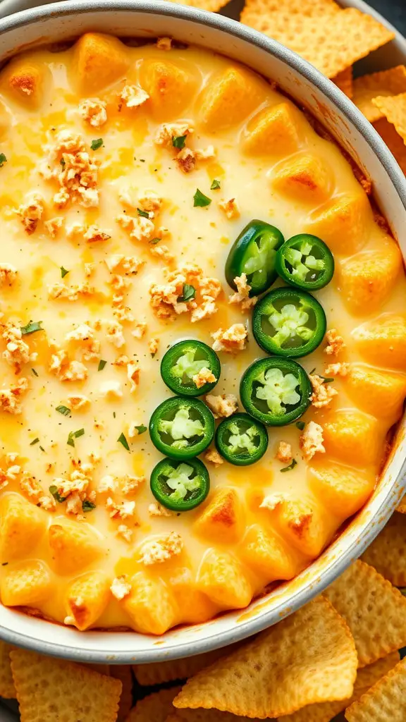 A bowl of Jalapeño Popper Cheese Dip topped with jalapeño slices and breadcrumbs, surrounded by tortilla chips.