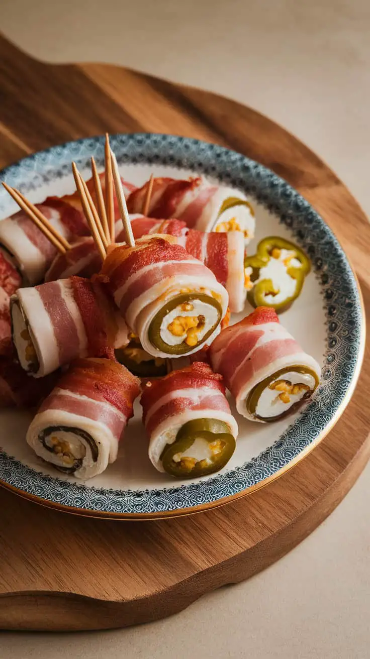 A platter of Jalapeño Popper Cream Cheese Tortilla Roll-Ups wrapped in bacon, garnished with toothpicks.