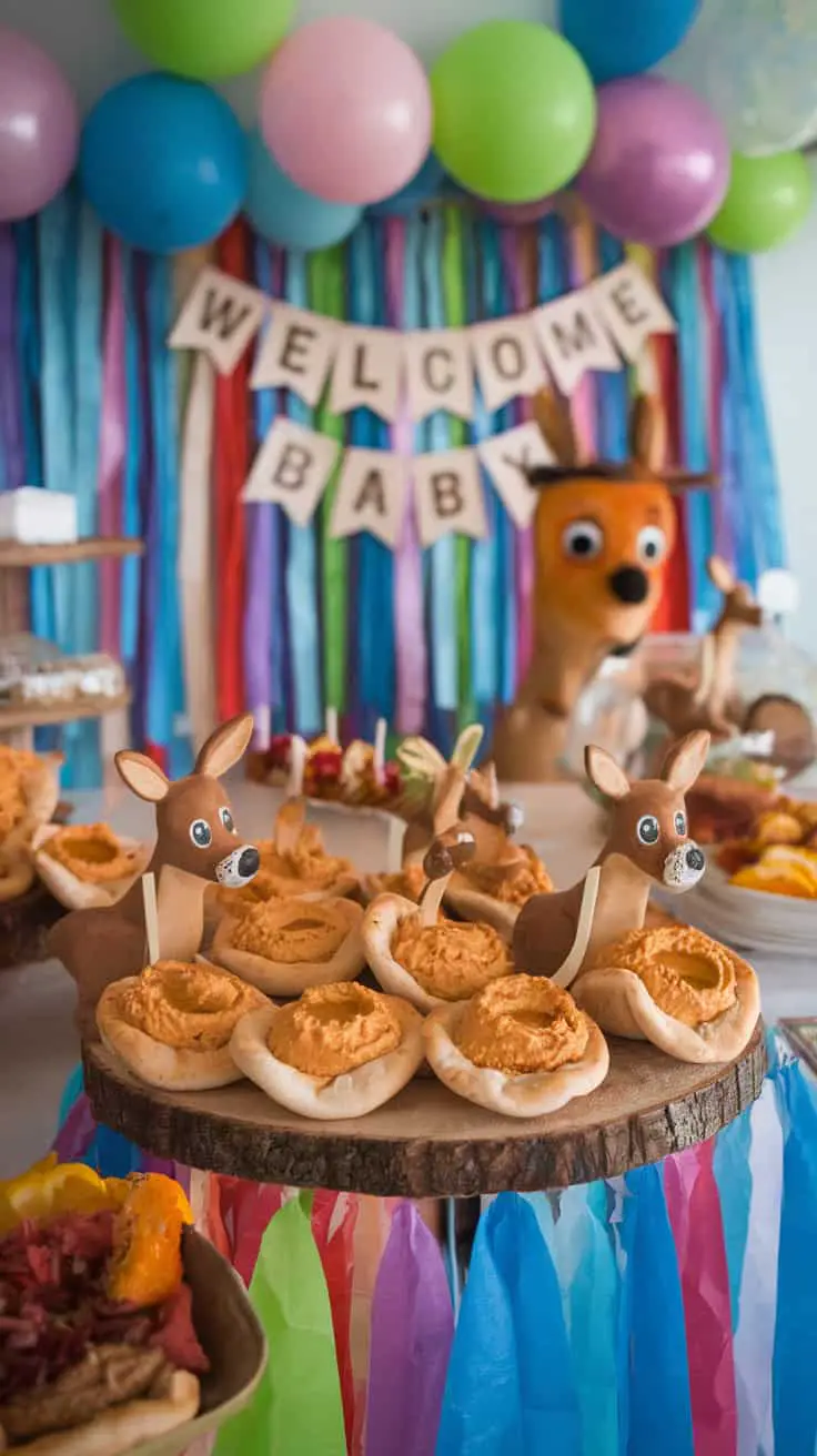 A festive display of Kanga’s Mini Pita Honey Hummus Pockets at a baby shower, decorated with balloons and a 'Welcome Baby' banner.