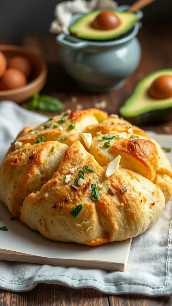 Freshly baked Dutch oven bread topped with herbs, placed on a wooden board with eggs and avocados in the background.