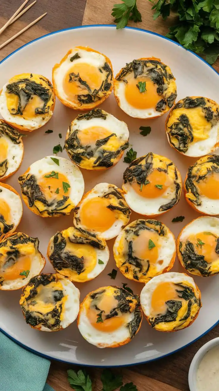 A plate of keto-friendly egg cups filled with eggs and spinach, garnished with parsley.