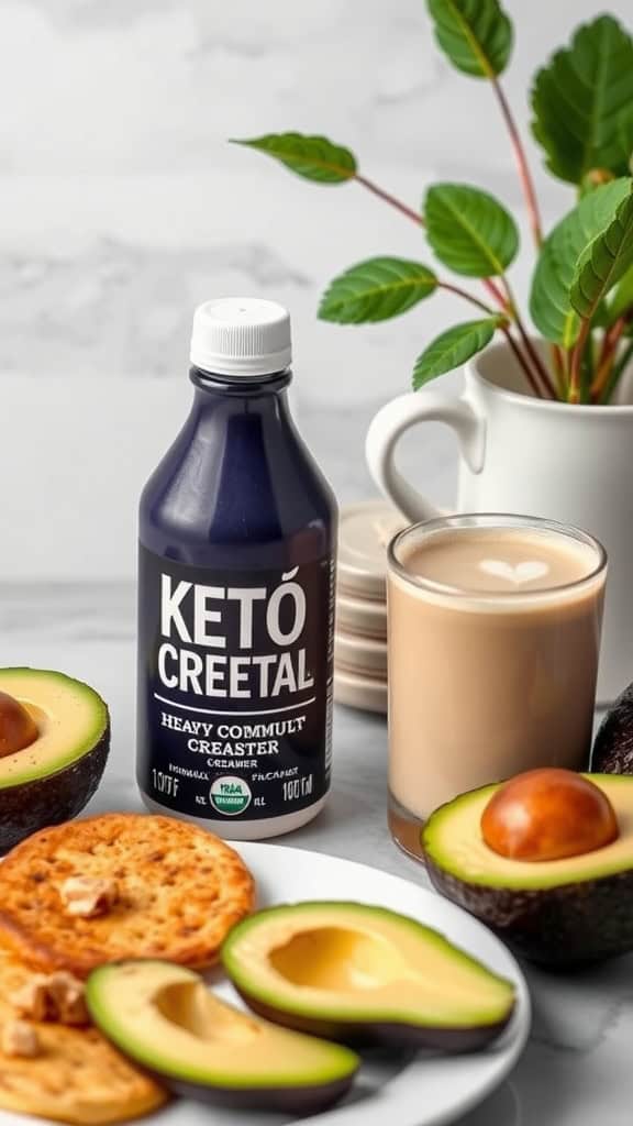 A stylish setup with a bottle of Keto Creetal heavy cream coffee creamer, a glass of creamy coffee, sliced avocados, and crunchy snacks.