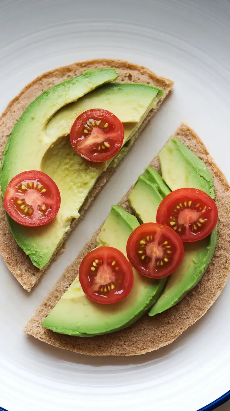 Keto coconut flour flatbread topped with avocado slices and cherry tomatoes.