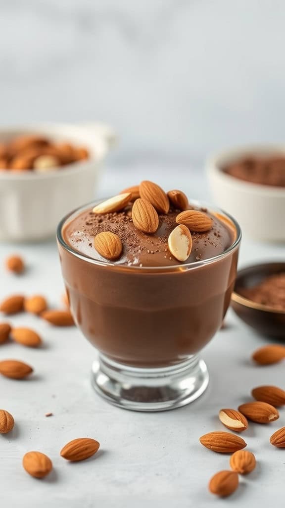 A glass of Keto Coffee Chocolate Mousse topped with almonds, surrounded by coffee and cocoa ingredients