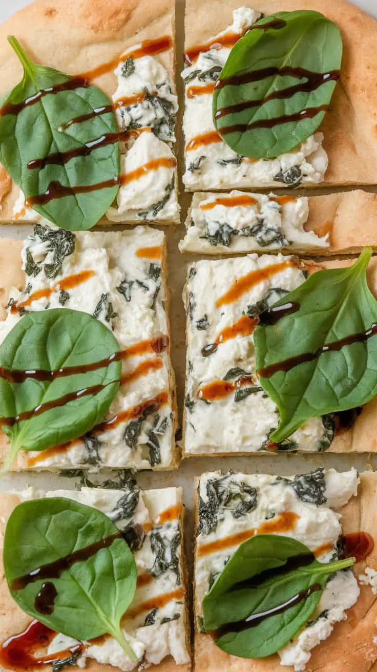 Keto Spinach and Cottage Cheese Flatbread, sliced into pieces with fresh spinach on top