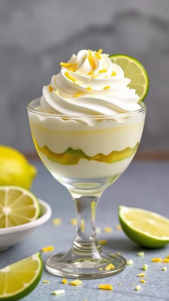 A delicious layered Key Lime Coconut Jello dessert topped with whipped cream and lime slices.