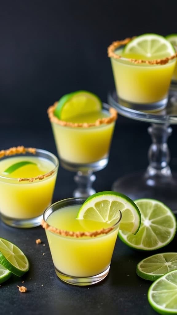 Key lime pie jello shots with lime slices and a graham cracker crust rim