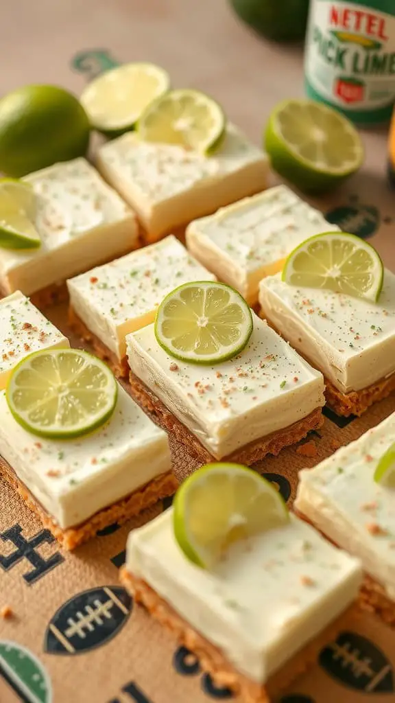 Delicious Key Lime Pie Bars topped with lime slices on a football-themed table.