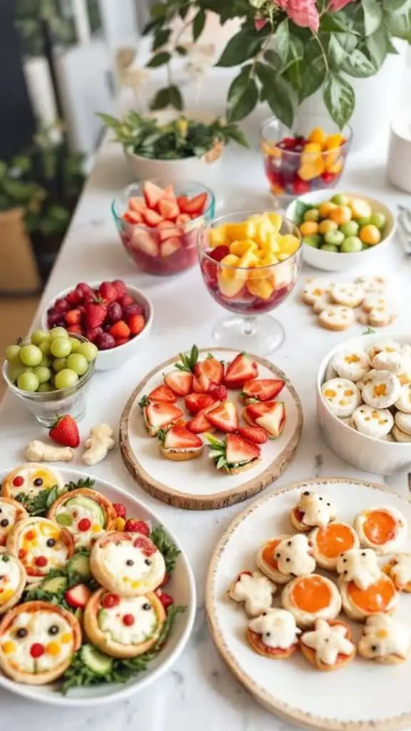 A variety of colorful gluten-free baby shower snacks including fruit bowls, mini tarts, and playful finger foods.