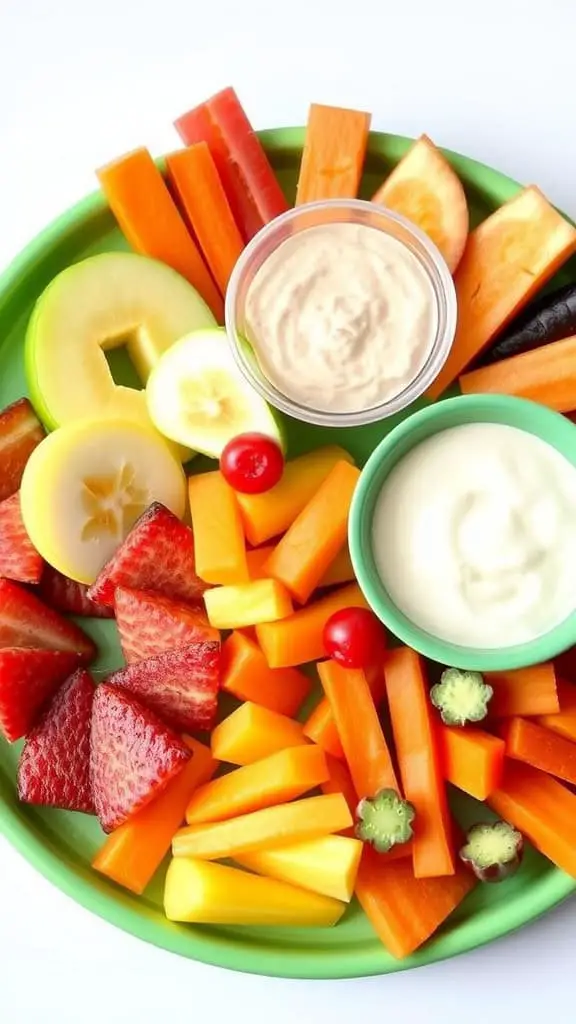 Colorful plate of sliced fruits and vegetables with dips