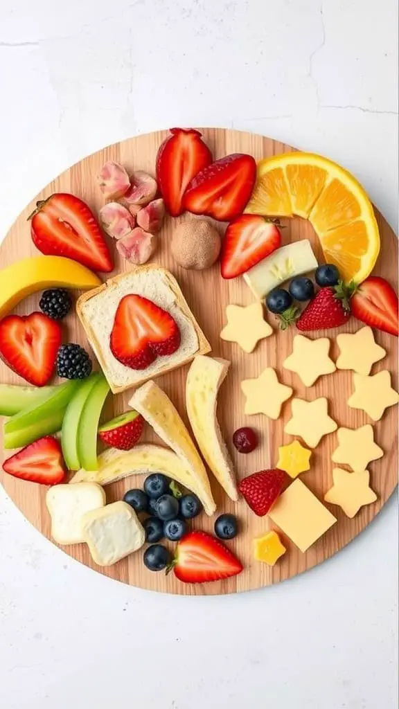 Colorful kid-friendly snack board featuring star-shaped sandwiches, cheese, and assorted fruits.