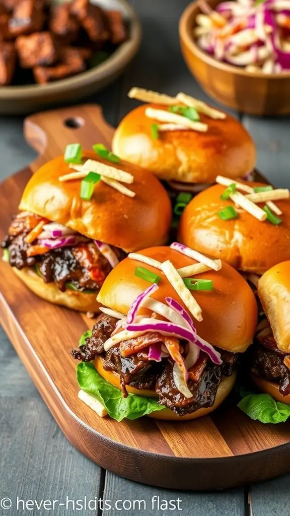 Delicious Korean BBQ beef sliders topped with veggies on a wooden platter