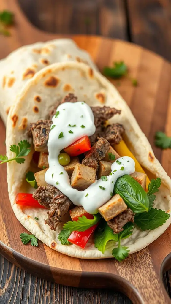 Lamb and tzatziki flatbread wrap filled with lamb, fresh veggies, and sauce