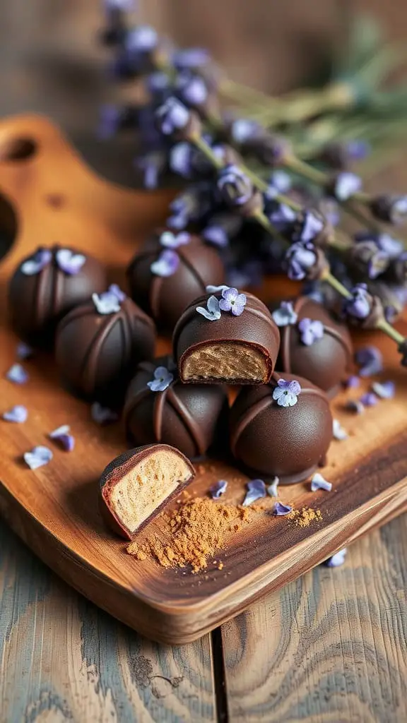 Lavender espresso truffles arranged on a wooden platter with lavender flowers