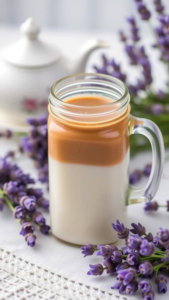 A jar of Lavender Honey Infused Coffee Creamer surrounded by lavender flowers